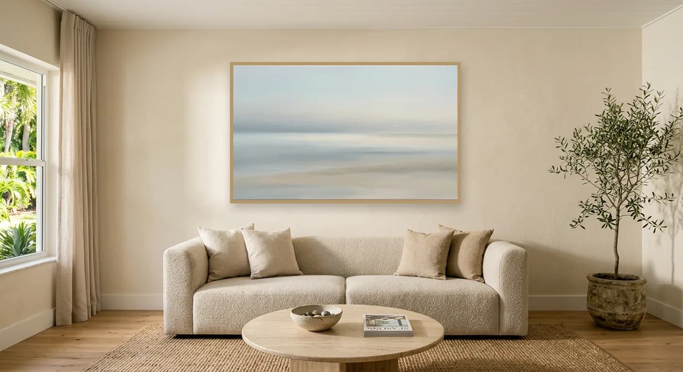 The living room with a quiet abstract painting in pale blues and sand tones above the sofa.